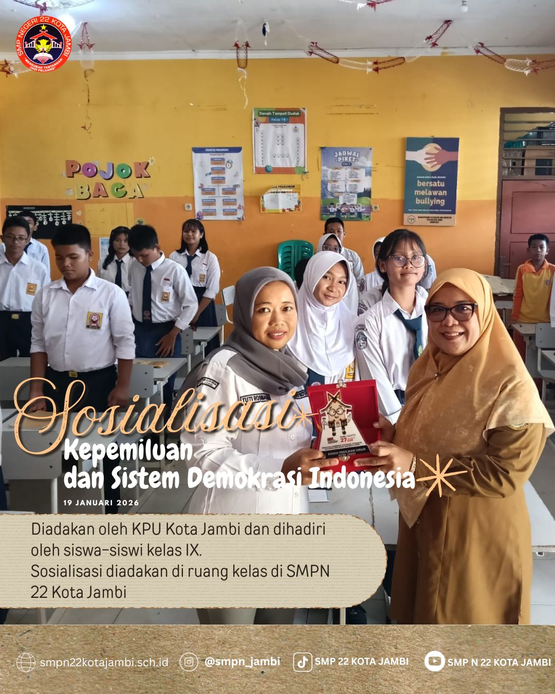 Kedatangan Tamu dari KPU Kota Jambi. Kepala Sekolah : Suara Pemuda-Pemudi Indonesia Menjadi Penentu Nasib Bangsa Kedepannya.